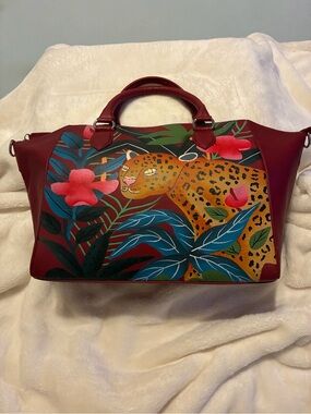 Burgundy Hand-Painted Leopard Floral Satchel
